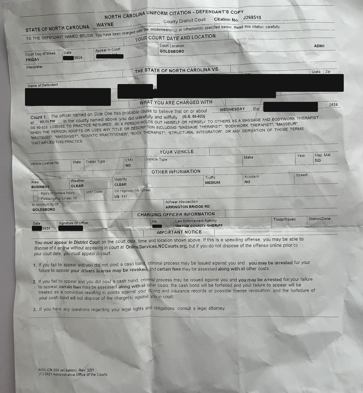 北卡罗来纳州 未注册车辆 法庭传票