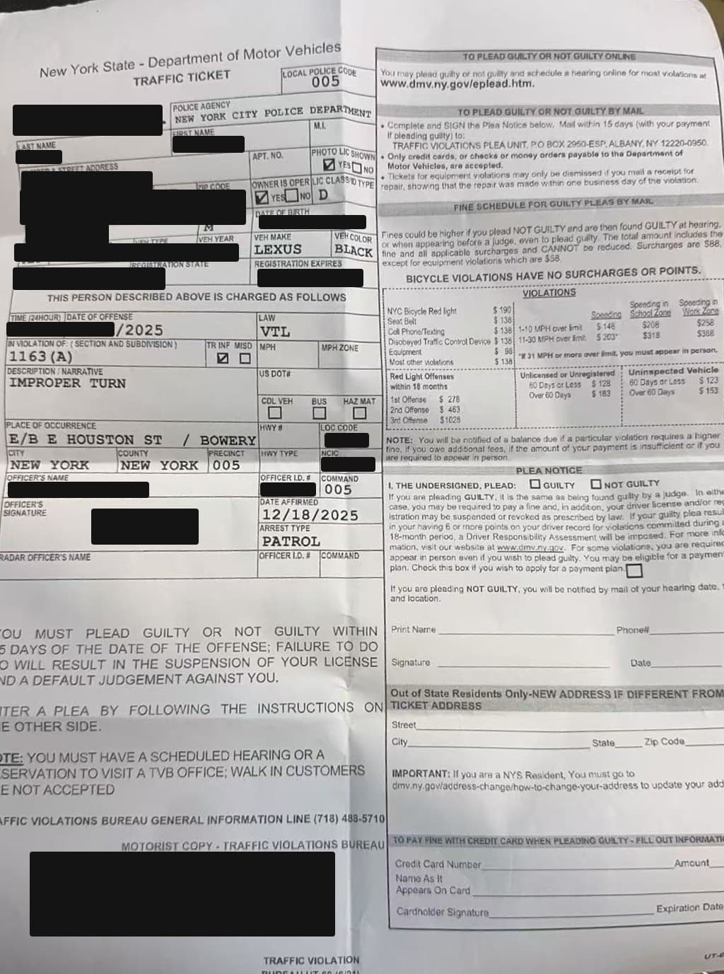 纽约州 违规转弯 交通罚单