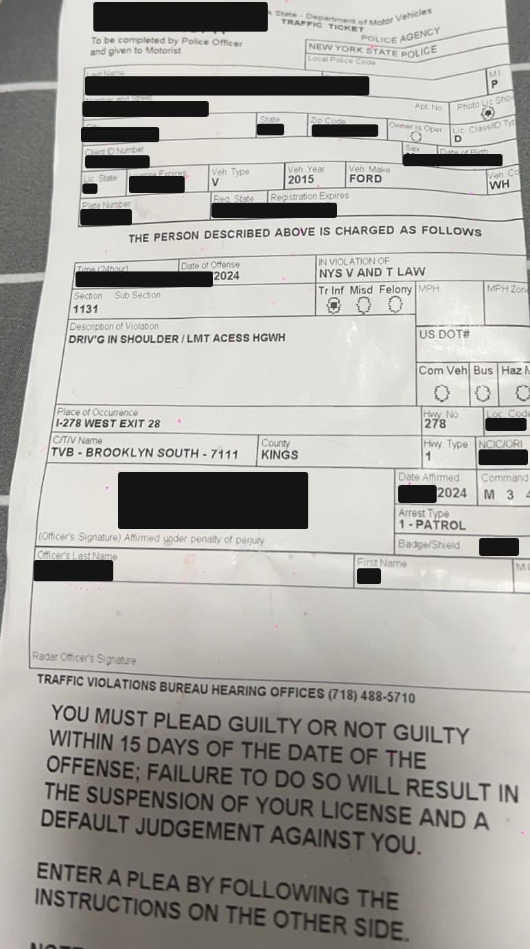 布鲁克林 肩道行驶 交通罚单