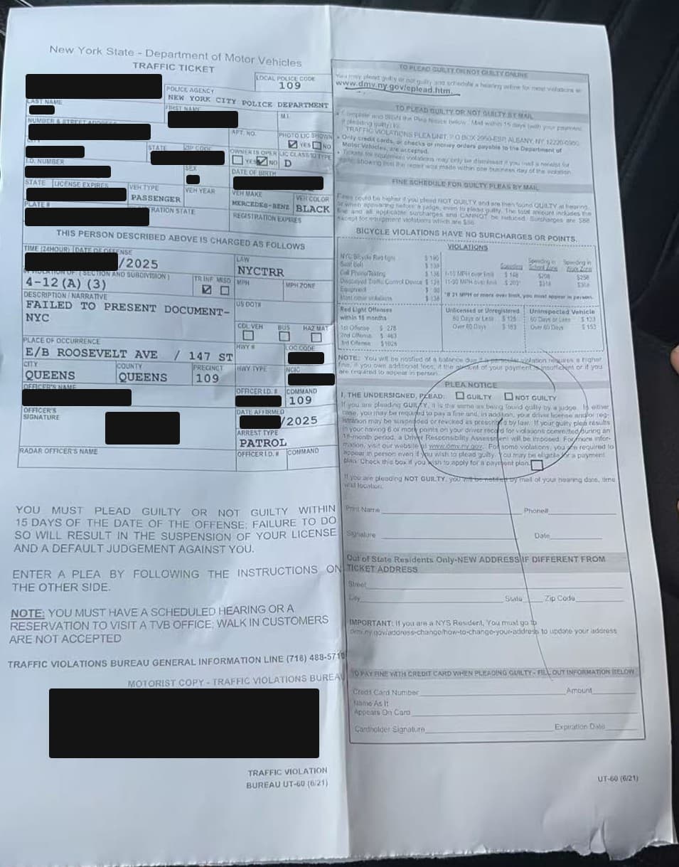 皇后区 未出示证件 交通罚单