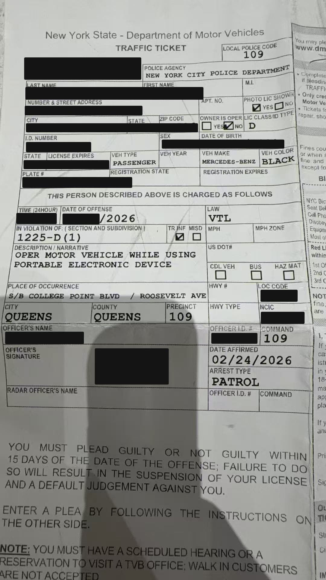 皇后区 开车手机 交通罚单
