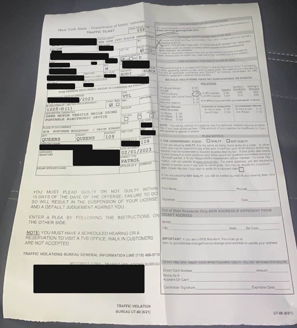 皇后区 开车手机 交通罚单