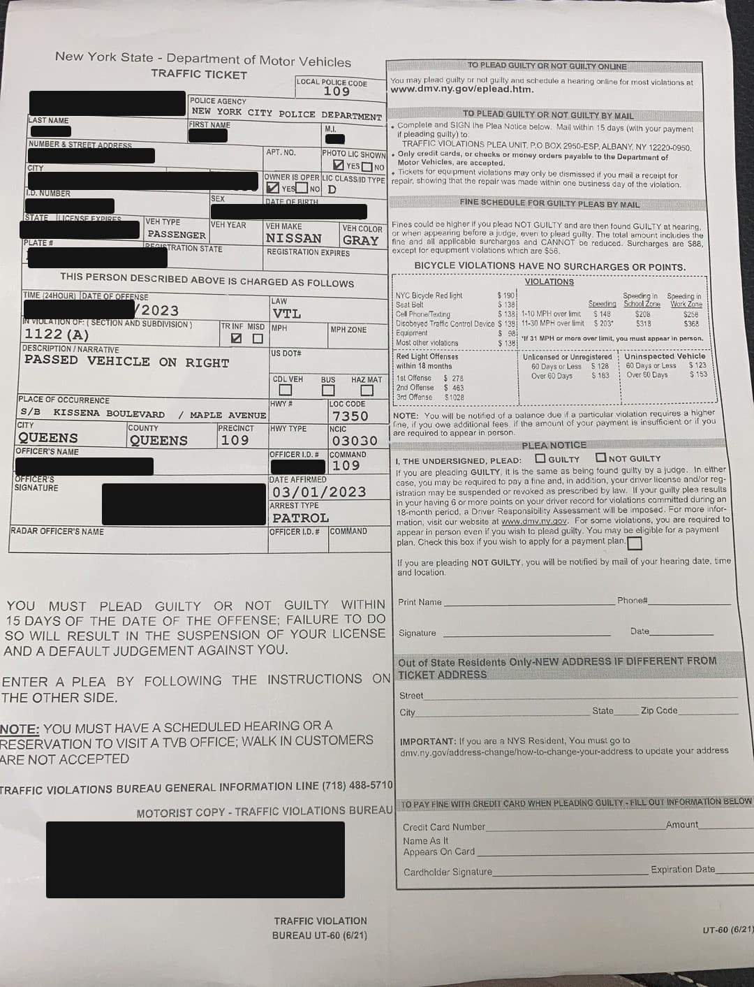 皇后区 右侧超车 交通罚单