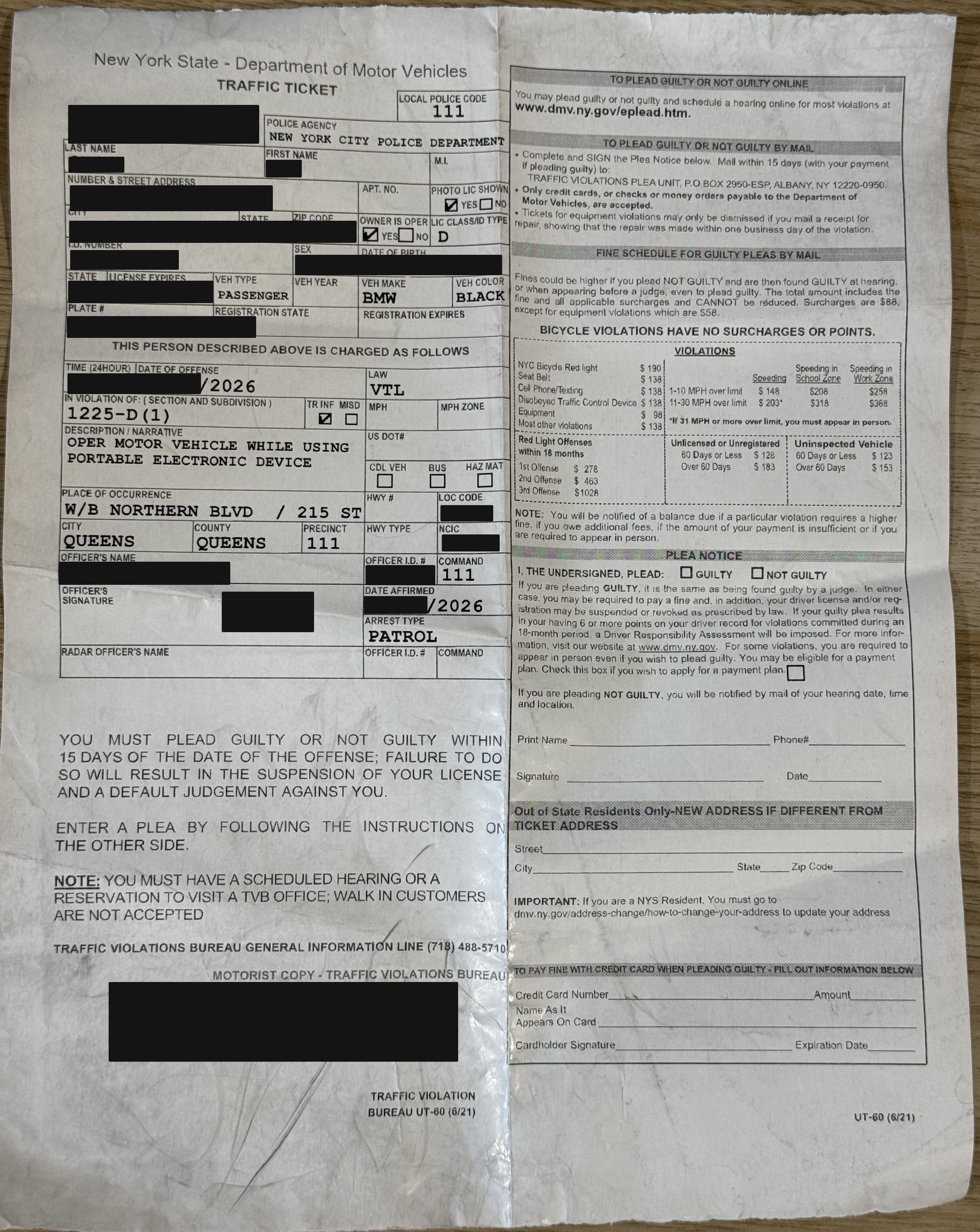 皇后区 开车手机 交通罚单